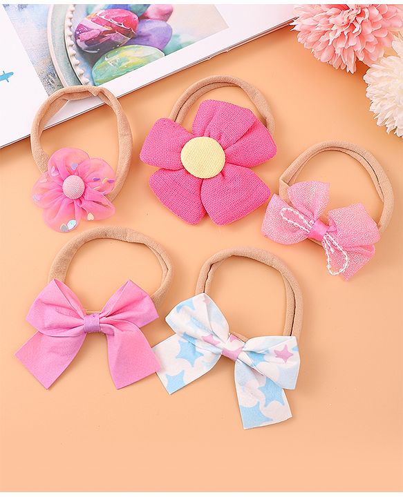 Babyhug Flower and Bow Motifs Headbands Set of 5 - Dark Pink