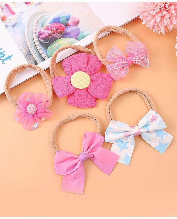 Babyhug Flower and Bow Motifs Headbands Set of 5 - Dark Pink
