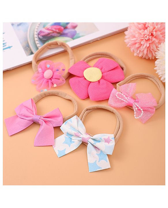 Babyhug Flower and Bow Motifs Headbands Set of 5 - Dark Pink