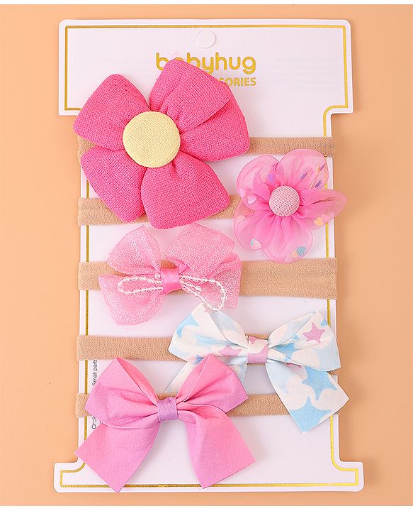 Babyhug Flower and Bow Motifs Headbands Set of 5 - Dark Pink