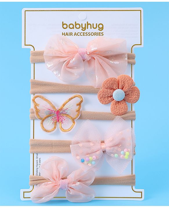 Babyhug Bow Butterfly & Flower Applique Headbands Pack of 5 - Peach