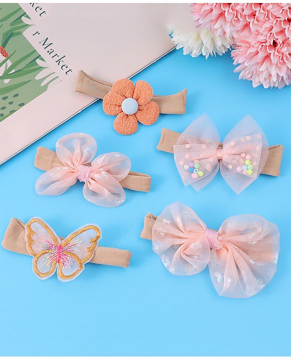 Babyhug Bow Butterfly & Flower Applique Headbands Pack of 5 - Peach