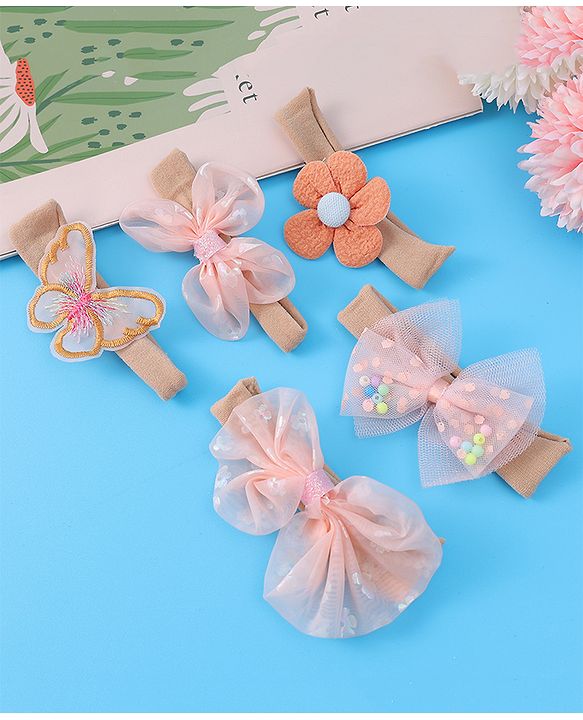 Babyhug Bow Butterfly & Flower Applique Headbands Pack of 5 - Peach