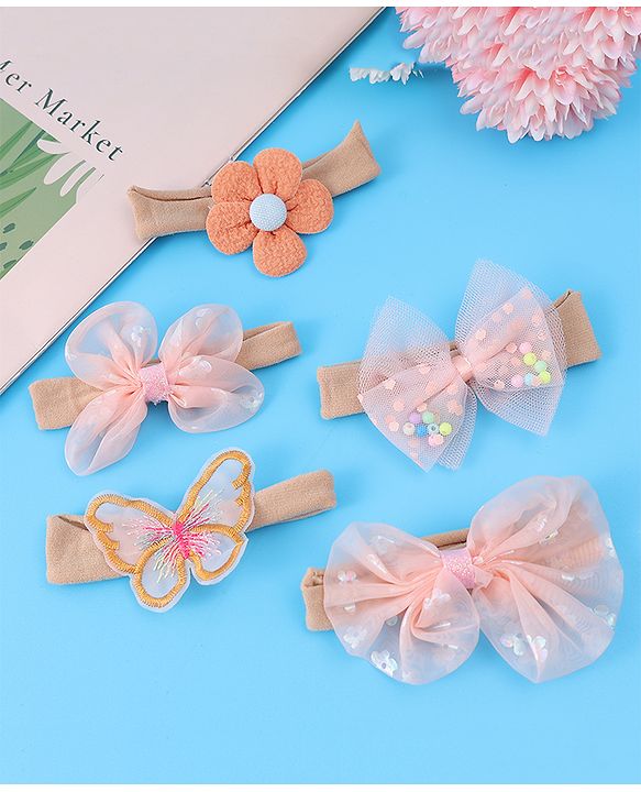Babyhug Bow Butterfly & Flower Applique Headbands Pack of 5 - Peach