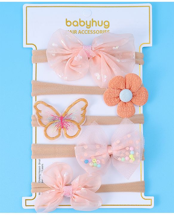 Babyhug Bow Butterfly & Flower Applique Headbands Pack of 5 - Peach