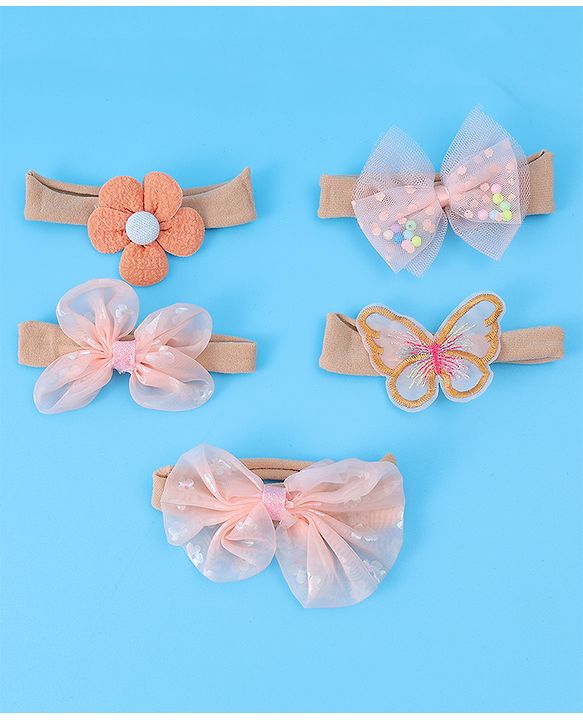 Babyhug Bow Butterfly & Flower Applique Headbands Pack of 5 - Peach