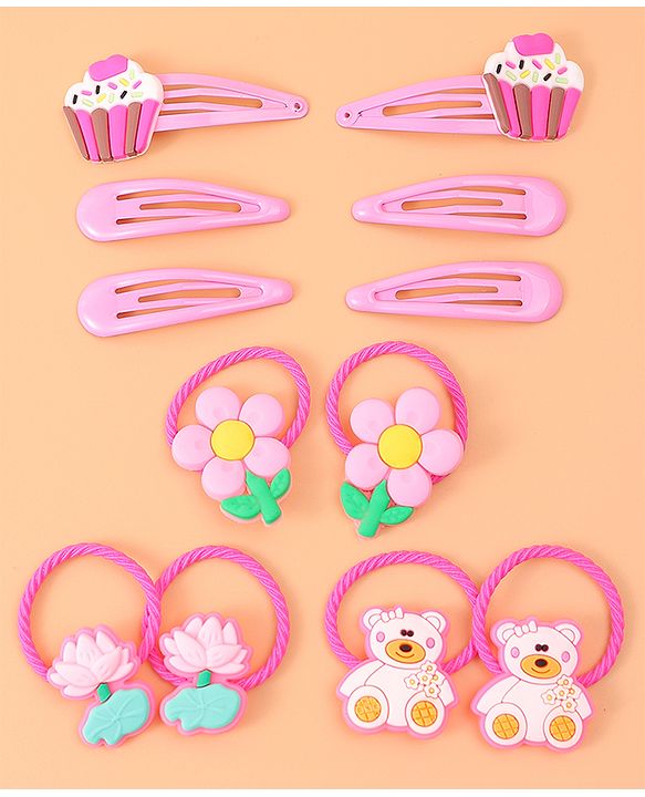 Babyhug Cupcake Hair Clips & Rubber Bands Accessories Combo Sets of 12 - Pink