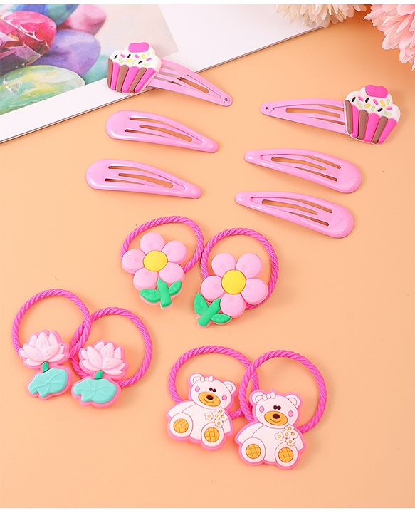 Babyhug Cupcake Hair Clips & Rubber Bands Accessories Combo Sets of 12 - Pink