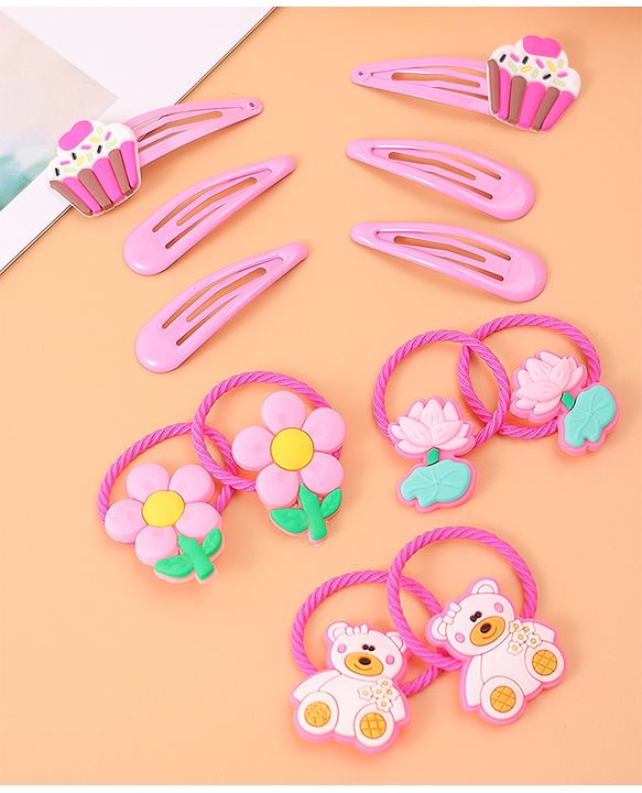 Babyhug Cupcake Hair Clips & Rubber Bands Accessories Combo Sets of 12 - Pink