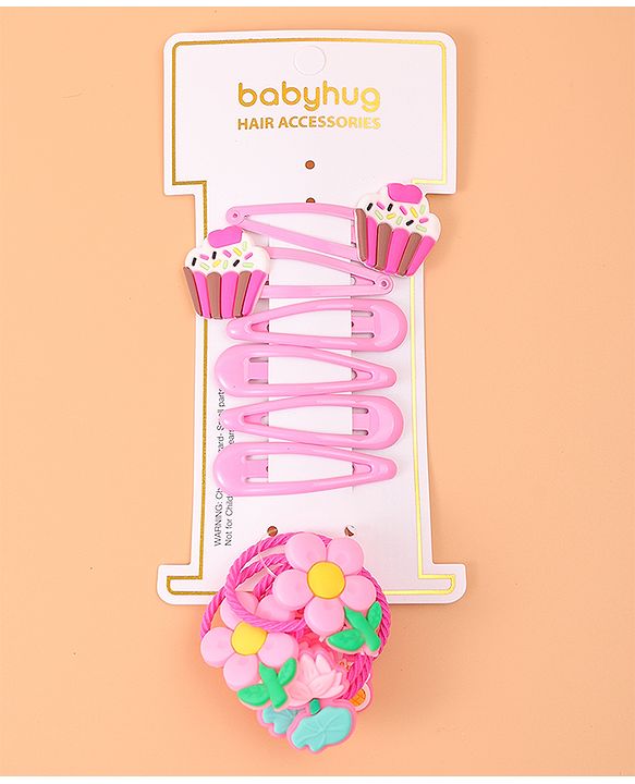 Babyhug Cupcake Hair Clips & Rubber Bands Accessories Combo Sets of 12 - Pink