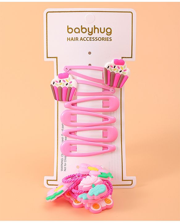 Babyhug Cupcake Hair Clips & Rubber Bands Accessories Combo Sets of 12 - Pink