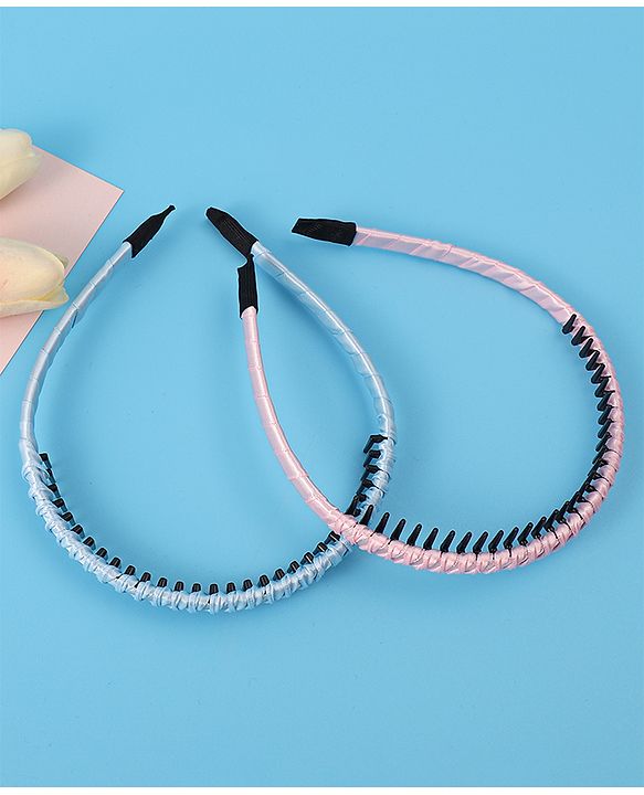 Pine Kids Set of Solid Satin Hair Bands Pack of 2 - Blue & Pink