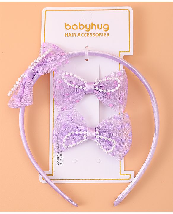 Babyhug Bow Hair Band & Clip Accessories Combo Sets of 3 - Purple