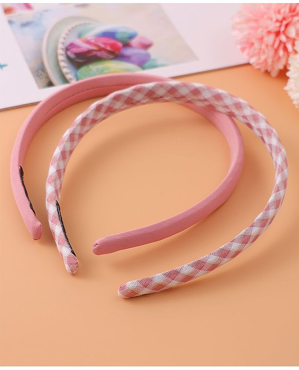 Pine Kids Set of Checkered Print and Solid Hair Bands Pack of 2 - Pink