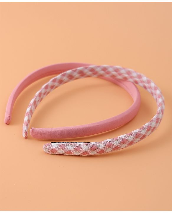 Pine Kids Set of Checkered Print and Solid Hair Bands Pack of 2 - Pink
