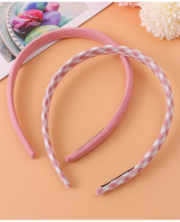 Pine Kids Set of Checkered Print and Solid Hair Bands Pack of 2 - Pink