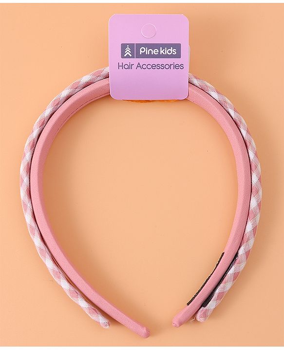 Pine Kids Set of Checkered Print and Solid Hair Bands Pack of 2 - Pink