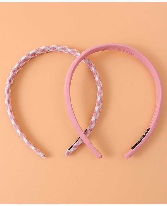 Pine Kids Set of Checkered Print and Solid Hair Bands Pack of 2 - Pink