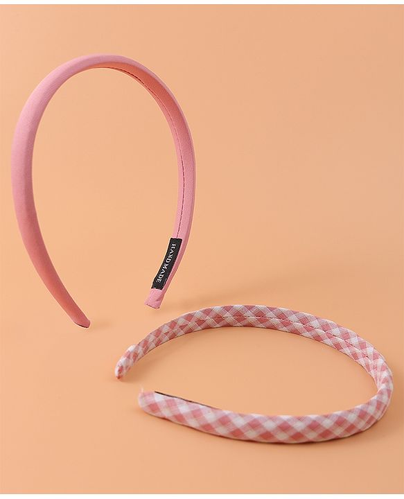 Pine Kids Set of Checkered Print and Solid Hair Bands Pack of 2 - Pink