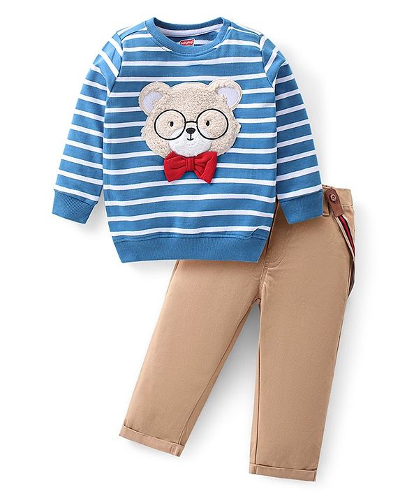 Babyhug Cotton Knit Full Sleeves Striped T-Shirt & Woven Lounge Pants Set With Teddy Applique & Suspender - Blue & Brown