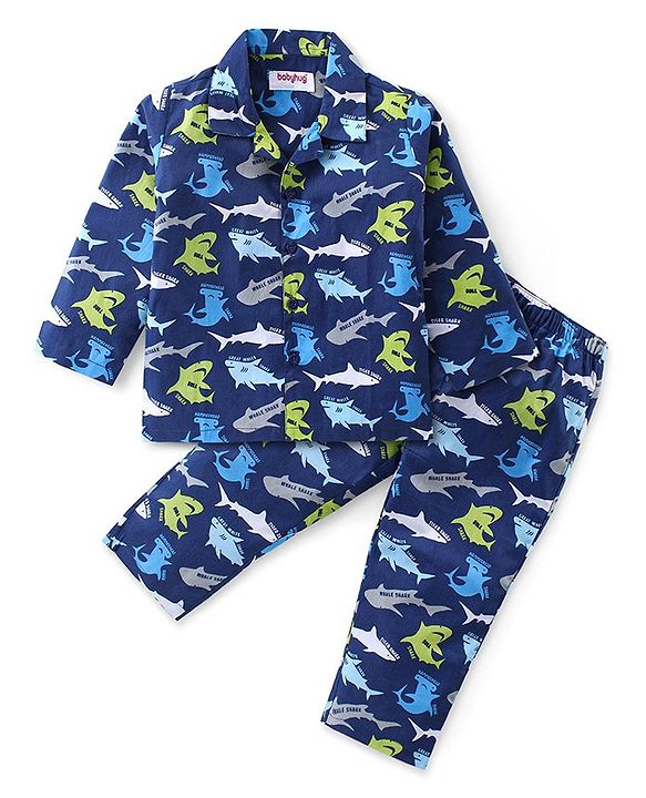 Babyhug Cotton Woven Full Sleeves Night Suit With Sharks Print - Navy