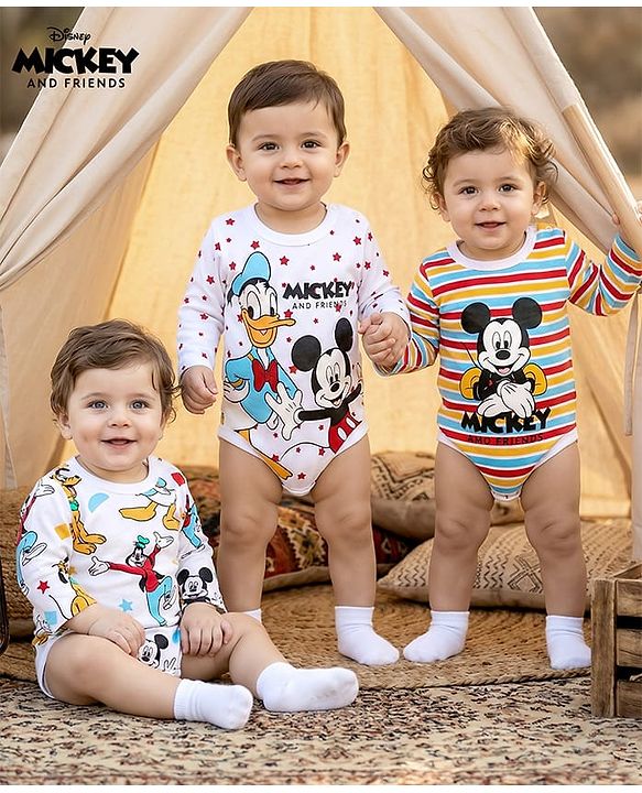 Babyhug Disney Interlock Knit Full Sleeves Mickey Mouse Printed Onesies Pack of 3 - White