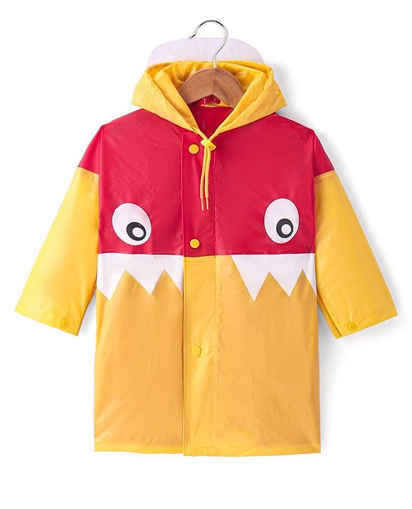 Babyhug Full Sleeves Hooded Raincoat Eyes Print - Red & Yellow