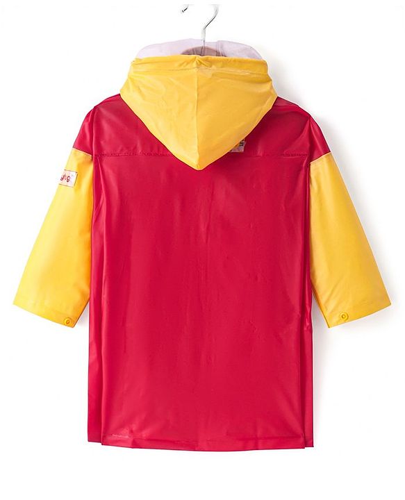 Babyhug Full Sleeves Hooded Raincoat Eyes Print - Red & Yellow