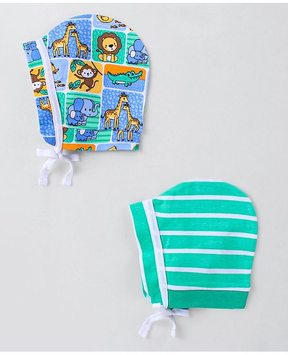 Babyhug 100% Cotton Knit Striped & Monkey Printed Bonnet Bonnet Caps Pack of 2 - Multicolor