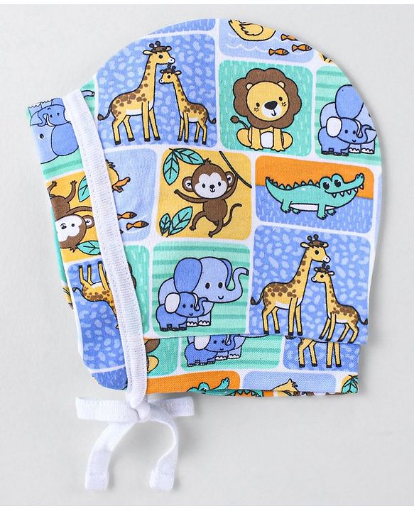 Babyhug 100% Cotton Knit Striped & Monkey Printed Bonnet Bonnet Caps Pack of 2 - Multicolor