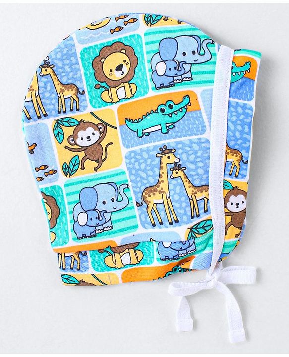 Babyhug 100% Cotton Knit Striped & Monkey Printed Bonnet Bonnet Caps Pack of 2 - Multicolor