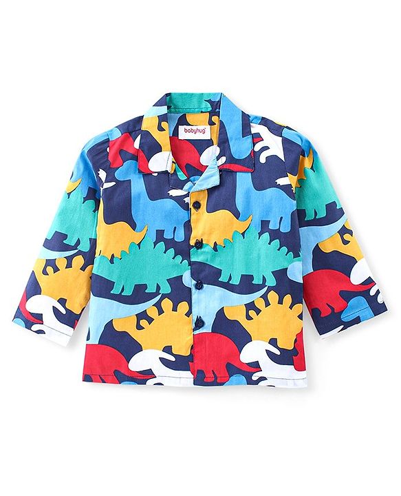 Babyhug Cotton Woven Front Open Full Sleeves Night Suit with Dino Print - Blue