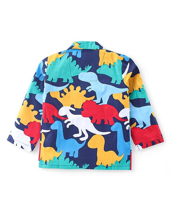 Babyhug Cotton Woven Front Open Full Sleeves Night Suit with Dino Print - Blue