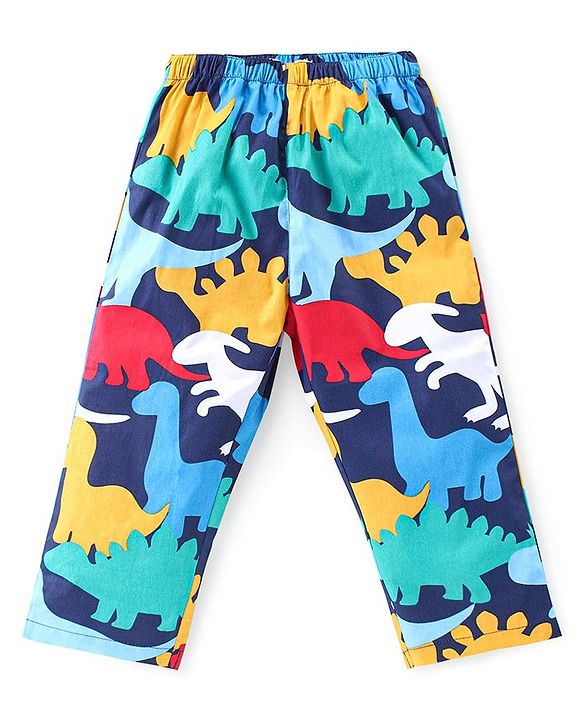 Babyhug Cotton Woven Front Open Full Sleeves Night Suit with Dino Print - Blue