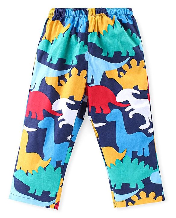 Babyhug Cotton Woven Front Open Full Sleeves Night Suit with Dino Print - Blue