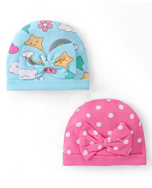 Babyhug 100% Cotton Interlock Knit Printed Caps With Bow Applique Pack of 2 - Pink & Blue