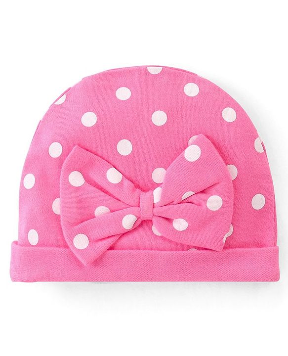 Babyhug 100% Cotton Interlock Knit Printed Caps With Bow Applique Pack of 2 - Pink & Blue