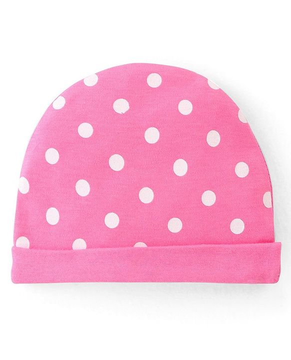 Babyhug 100% Cotton Interlock Knit Printed Caps With Bow Applique Pack of 2 - Pink & Blue