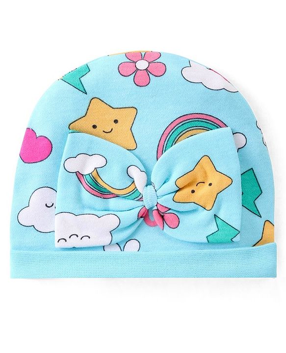 Babyhug 100% Cotton Interlock Knit Printed Caps With Bow Applique Pack of 2 - Pink & Blue