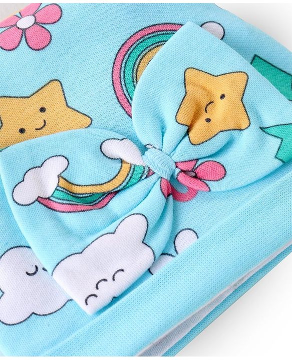 Babyhug 100% Cotton Interlock Knit Printed Caps With Bow Applique Pack of 2 - Pink & Blue