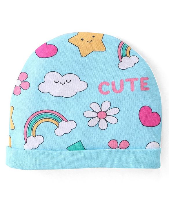 Babyhug 100% Cotton Interlock Knit Printed Caps With Bow Applique Pack of 2 - Pink & Blue
