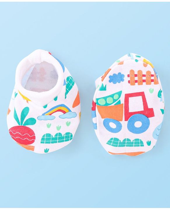 Babyhug 100% Cotton Knit Mittens & Booties Set with Duck Print - White