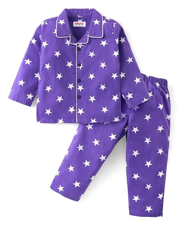 Babyhug Cotton Woven Full Sleeves Front Open Night Suit With Stars Print - Purple
