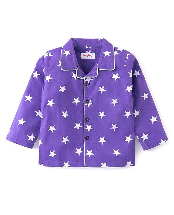 Babyhug Cotton Woven Full Sleeves Front Open Night Suit With Stars Print - Purple