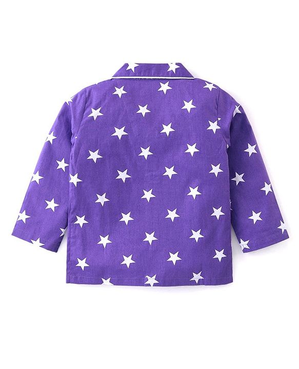 Babyhug Cotton Woven Full Sleeves Front Open Night Suit With Stars Print - Purple