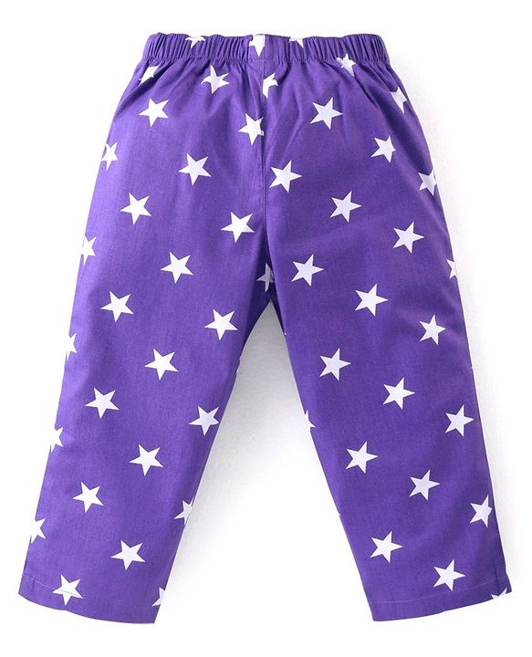 Babyhug Cotton Woven Full Sleeves Front Open Night Suit With Stars Print - Purple