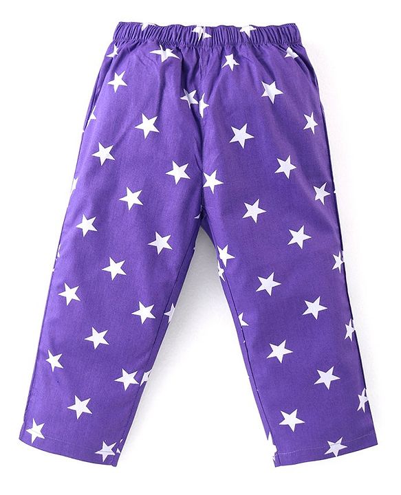 Babyhug Cotton Woven Full Sleeves Front Open Night Suit With Stars Print - Purple