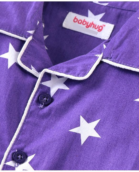 Babyhug Cotton Woven Full Sleeves Front Open Night Suit With Stars Print - Purple