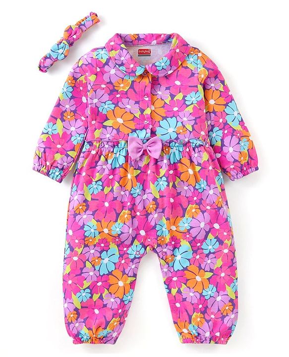 Babyhug 100% Cotton Interlock Full Sleeves Floral Printed Romper with Hairband & Bow Applique - Dark Pink