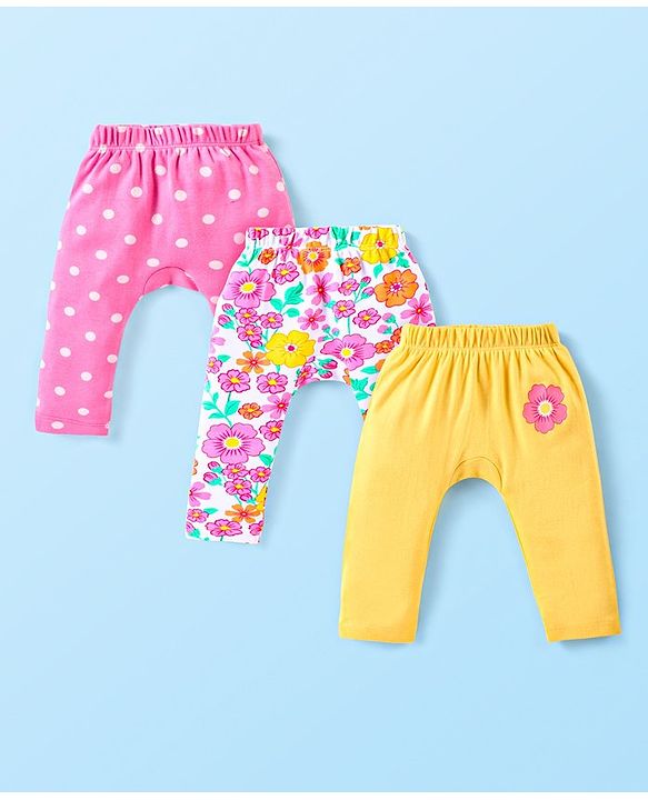 Babyhug Interlock Knit Full Length Diaper Leggings With Floral & Polka Dots Print Pack Of 3 - Pink & Yellow